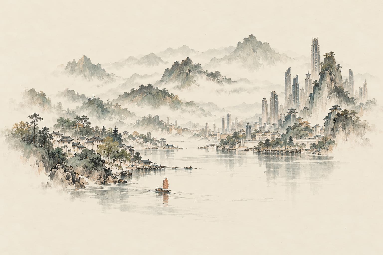 水墨山水间，古老街巷与现代城市沿河展开
